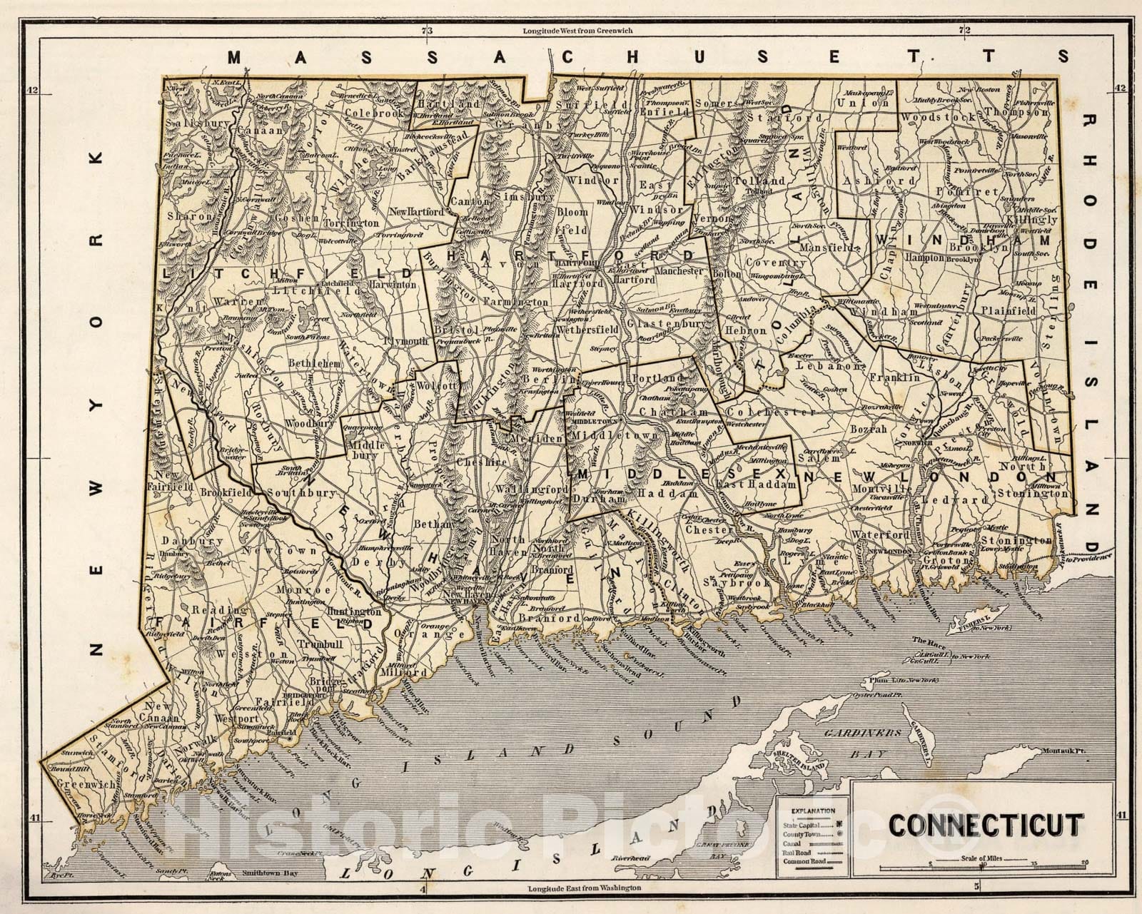 Historic Map : Connecticut, 1845, Vintage Wall Art