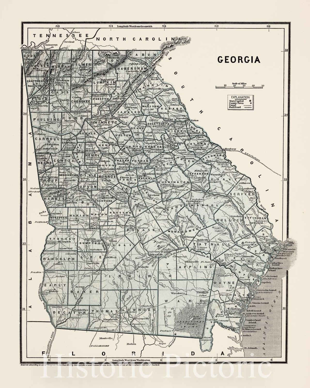 Georgia - Railroad Map, 1845 - Historical Map Print