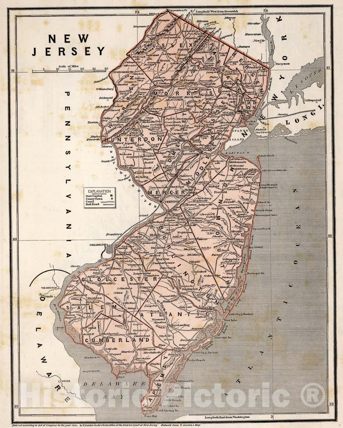 Historic Map : New Jersey, 1845, Vintage Wall Art