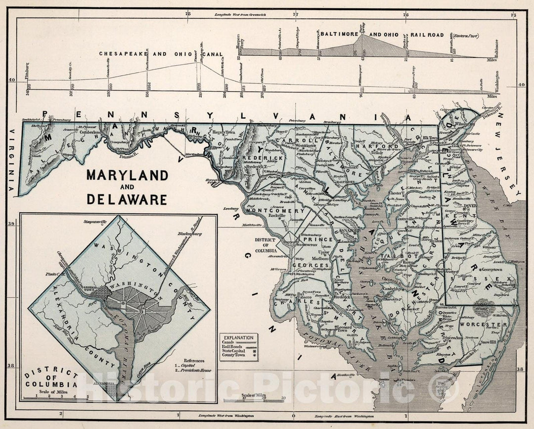 Historic Map : Maryland and Delaware, 1845, Vintage Wall Art
