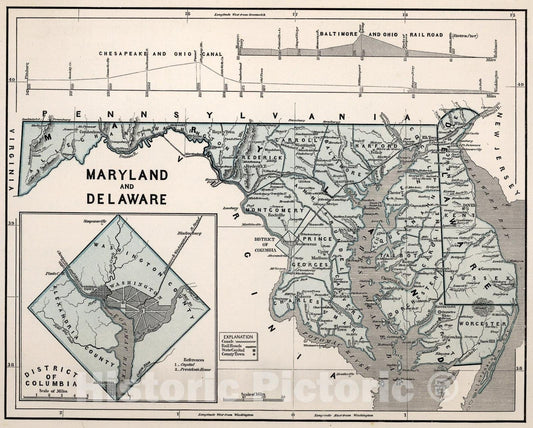 Historic Map : Maryland and Delaware, 1845, Vintage Wall Art