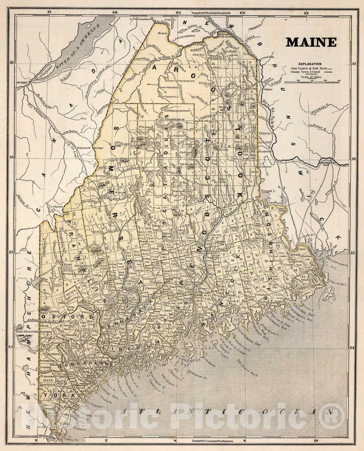 Historic Map : Maine, 1845, Vintage Wall Art