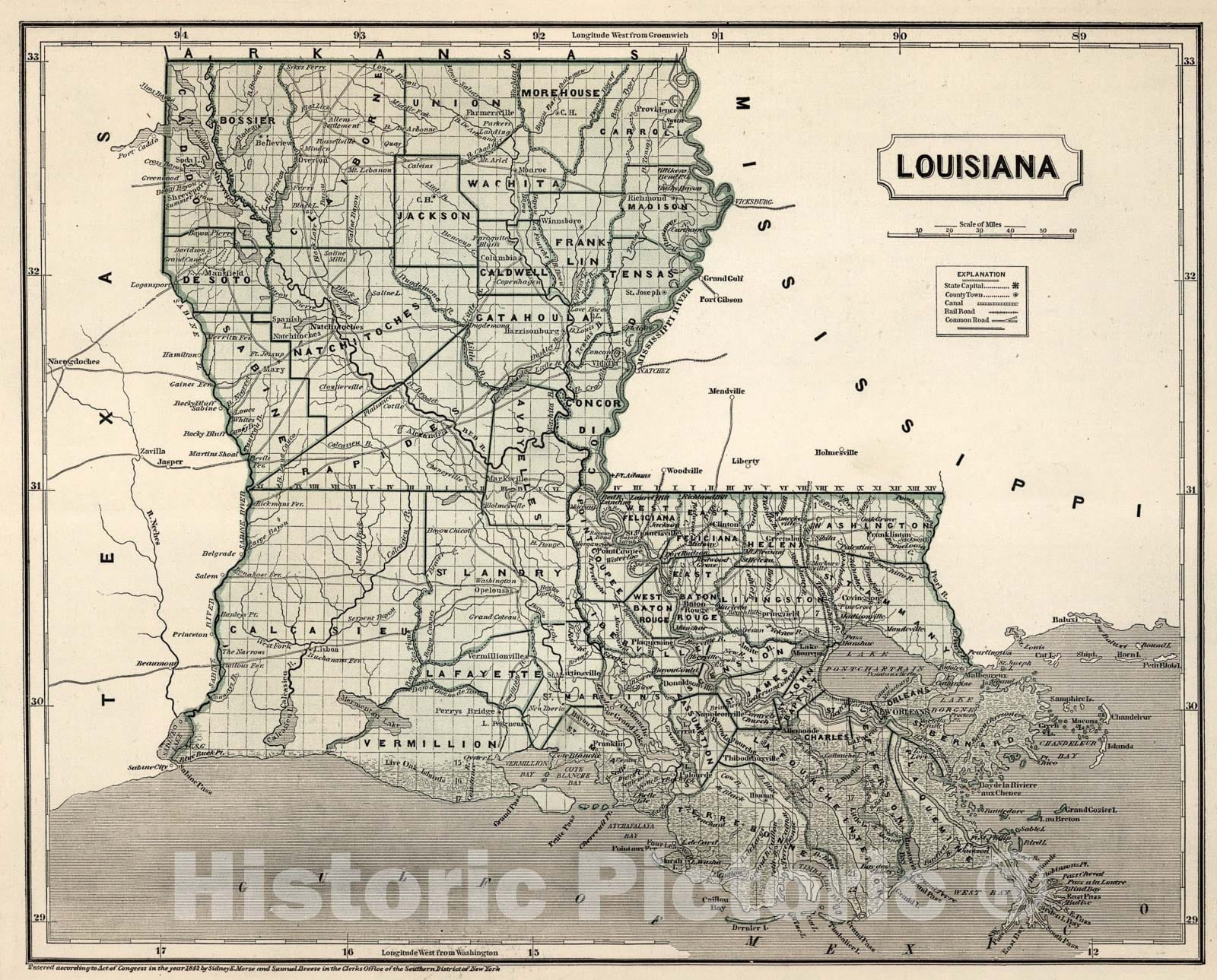 Historic Map : Louisiana, 1845, Vintage Wall Art