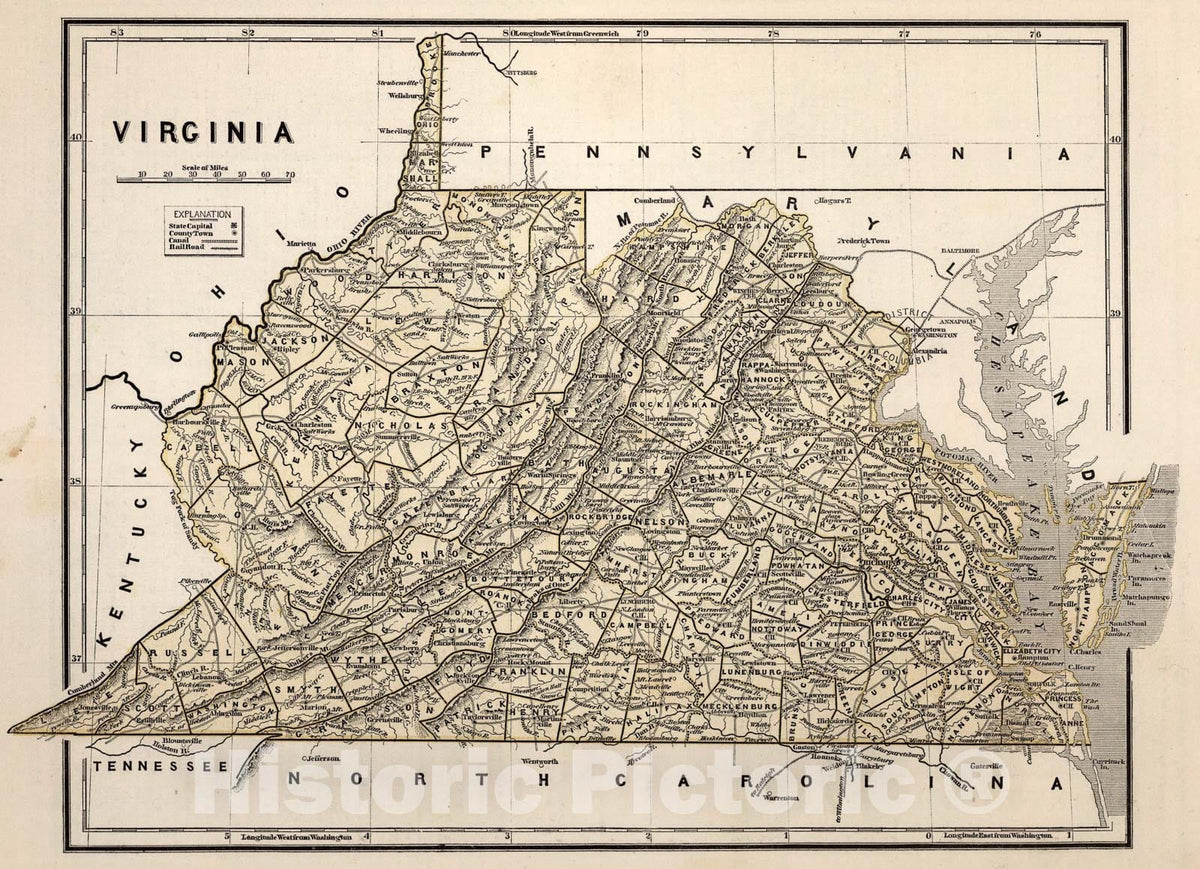 Historic Map : Virginia, 1845, Vintage Wall Art