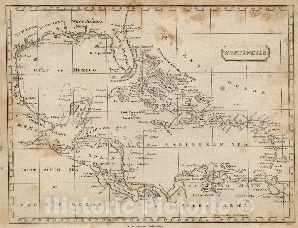 Historic Map : West Indies, 1816, Vintage Wall Art