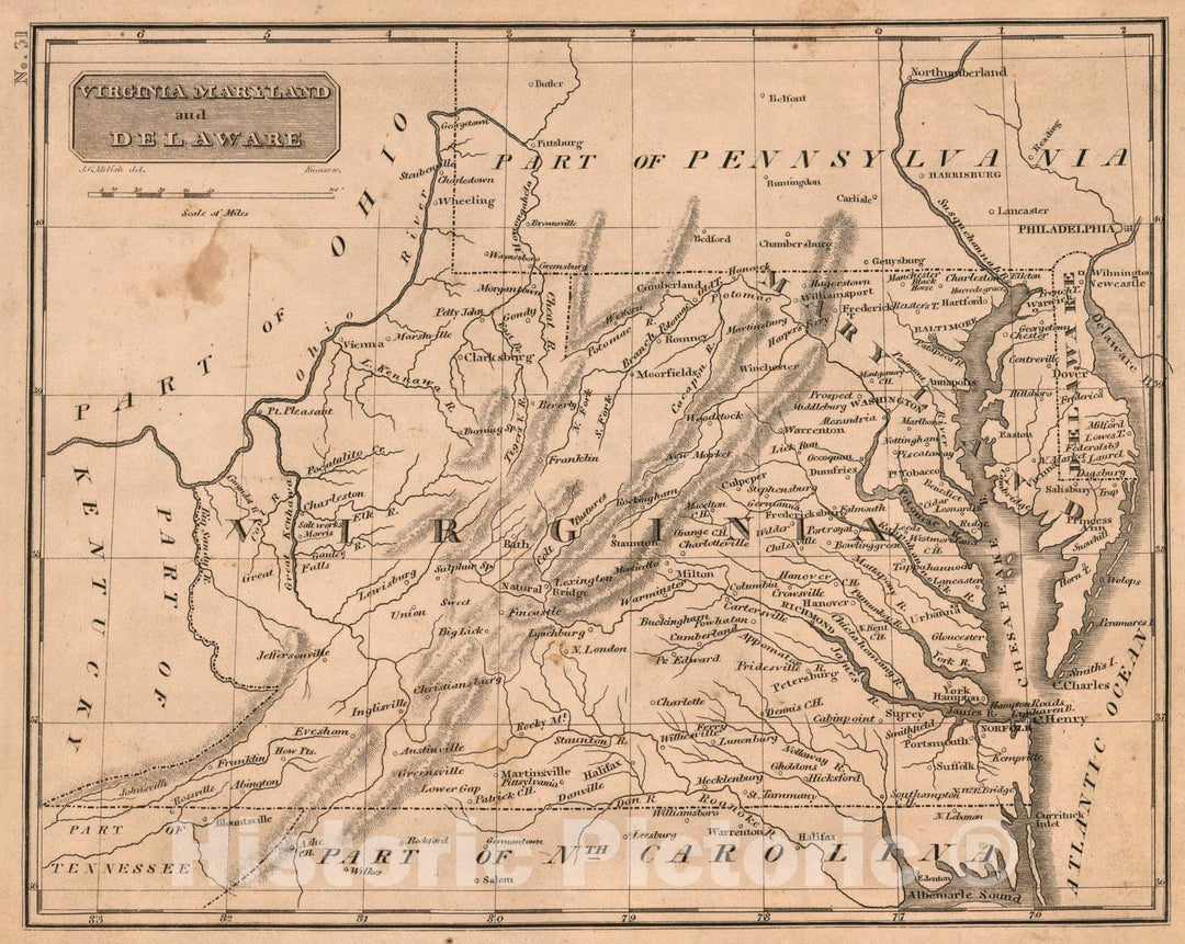 Historic Map : Virginia, Maryland and Delaware, 1822, Vintage Wall Art