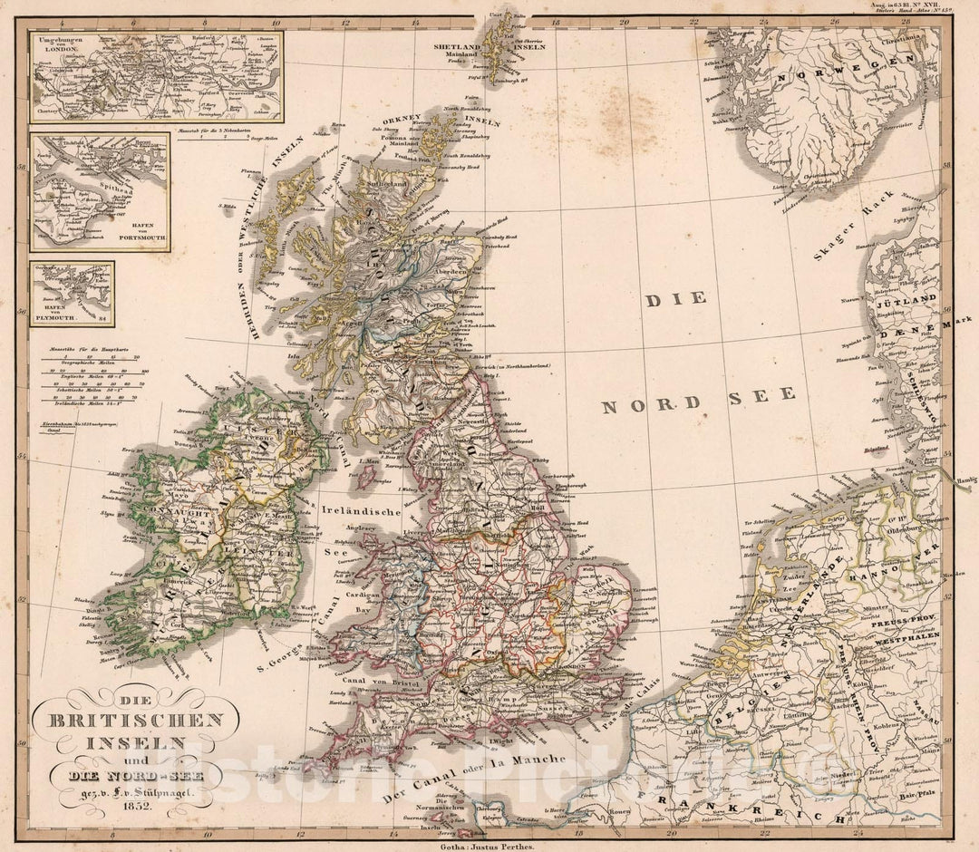 Historic Map : Die Brittischen Inseln und Die Nord-See. (British Isles and North Sea)., 1852, Vintage Wall Art