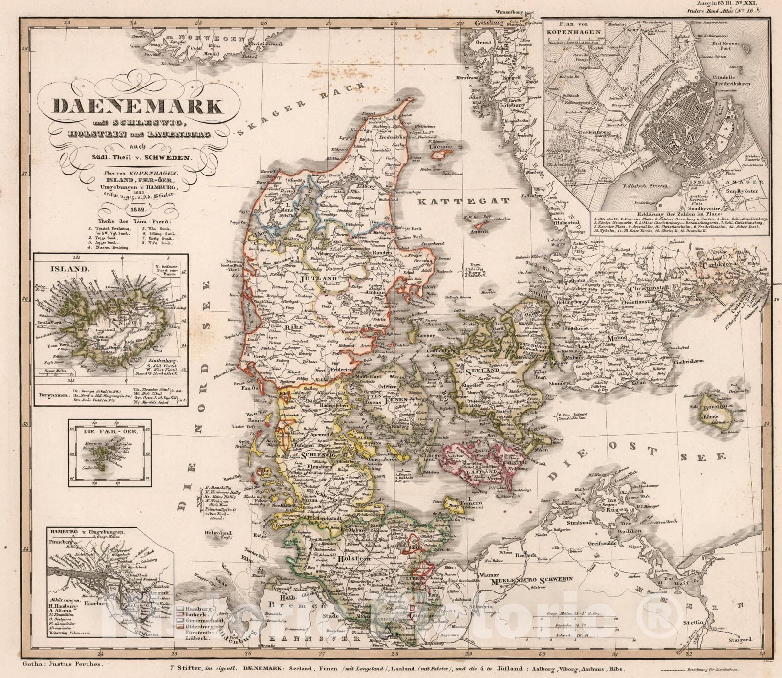 Historic Map : Daenemark mit Schleswig, Holstein, und Laeenburg. (Sweden, Norway, Denmark, Faroe Island)., 1852, Vintage Wall Art