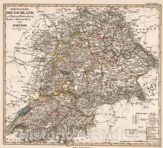 Historic Map : Sudwestliches Deutschland ... Schweiz. (Southwest Germany. Switzerland.), 1852, Vintage Wall Art
