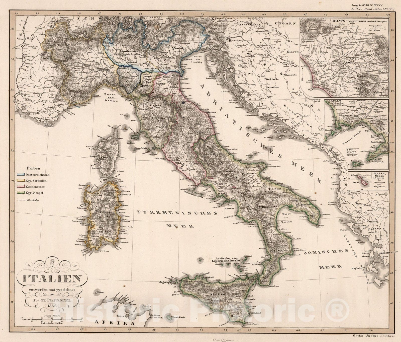 Historic Map : Italien. (Italy)., 1852, Vintage Wall Art