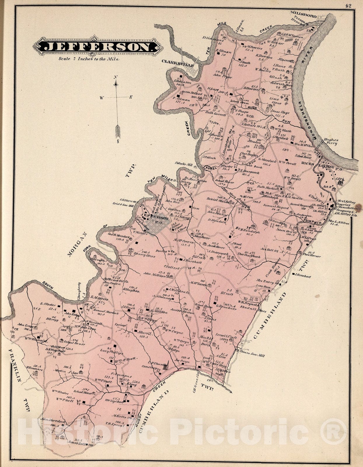 Historic Map : Jefferson, Greene County, Pennsylvania., 1876, Vintage Wall Art