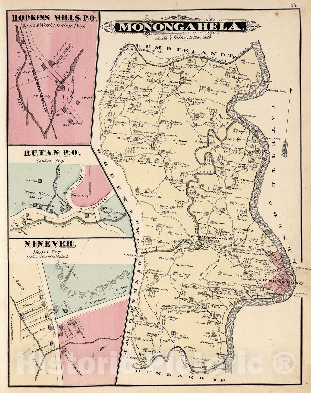 Historic Map : Monongahela, Greene County, Pennsylvania. Hopkins Mills P.O. Rutan P.O. Nineveh., 1876, Vintage Wall Art