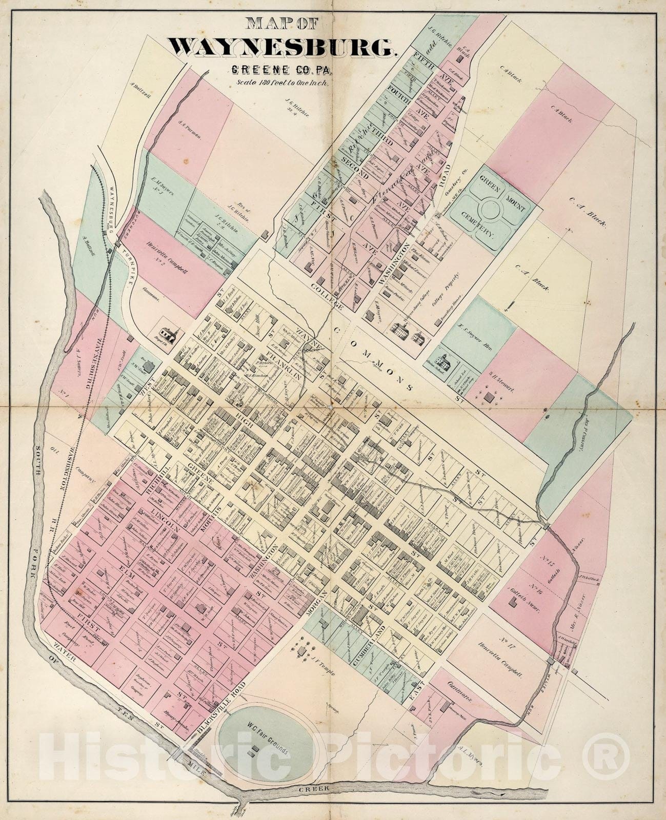 Historic Map : Waynesburg, Pennsylvania., 1876, Vintage Wall Art