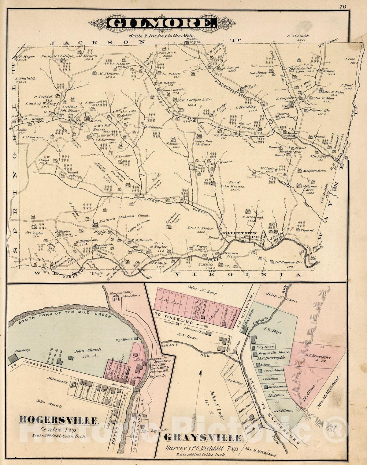Historic Map : Gilmore, Greene County, Pennsylvania. Rogersville. Graysville., 1876, Vintage Wall Art