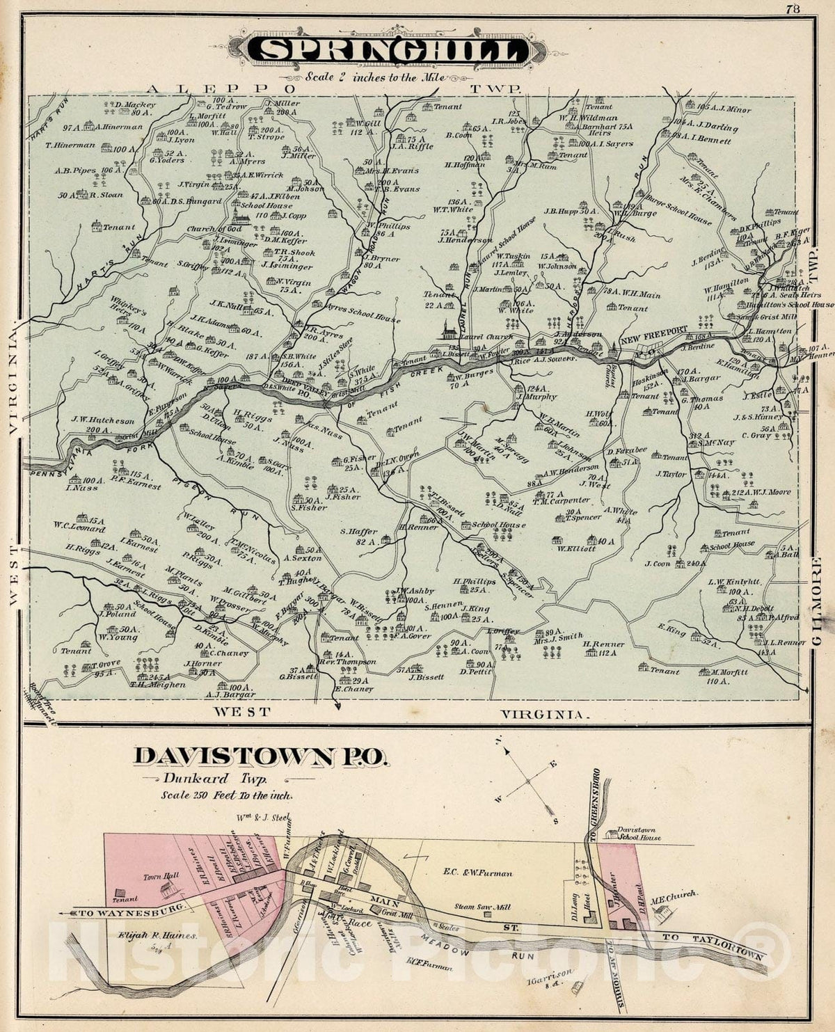 Historic Map : Springhill, Greene County, Pennsylvania. Davistown P.O., 1876, Vintage Wall Art