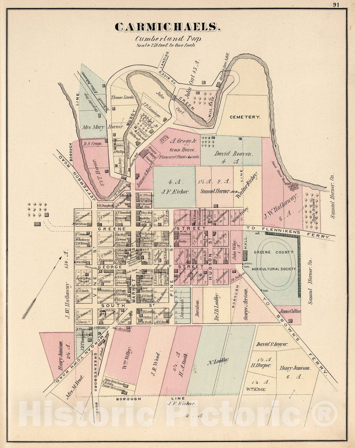 Historic Map : Carmichaels, Pennsylvania., 1876, Vintage Wall Art