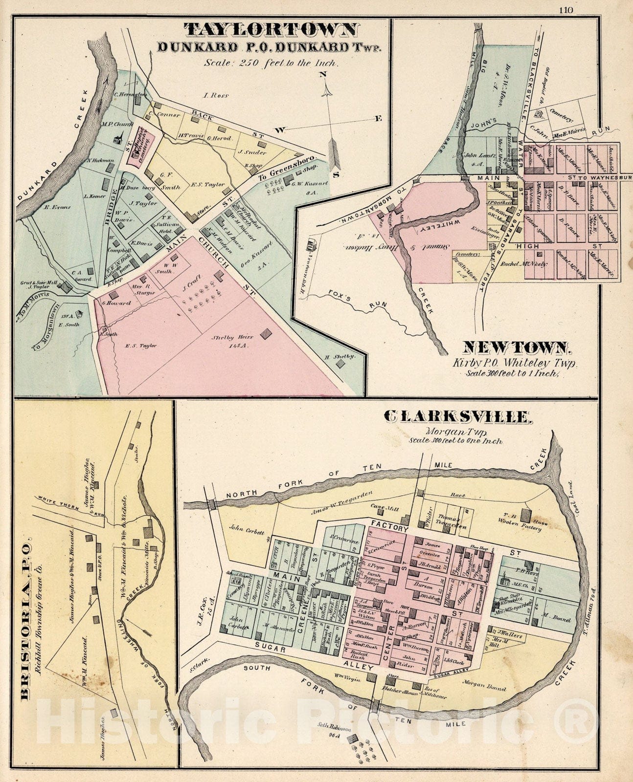 Historic Map : Taylortown. Newtown. Clarksville. Bristoria, Pennsylvania., 1876, Vintage Wall Art