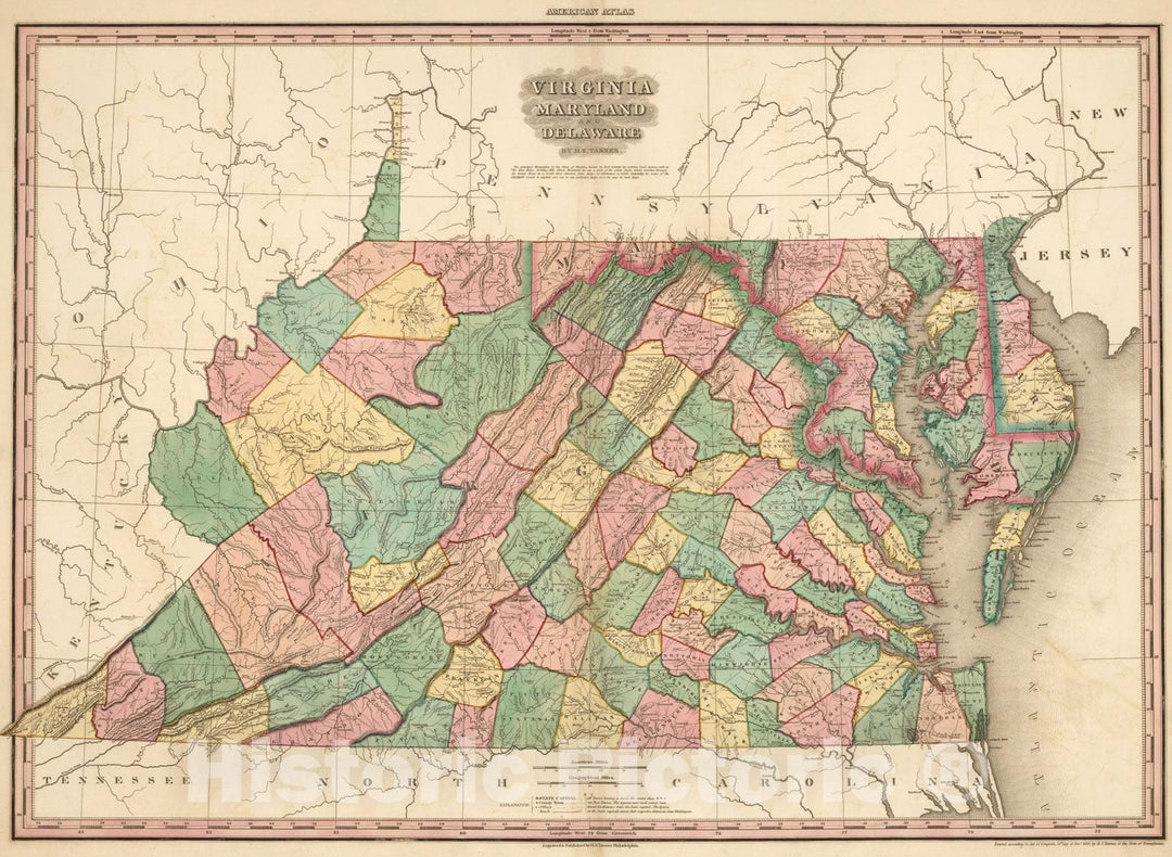Historic Map : Virginia, Maryland and Delaware., 1824, Vintage Wall Art