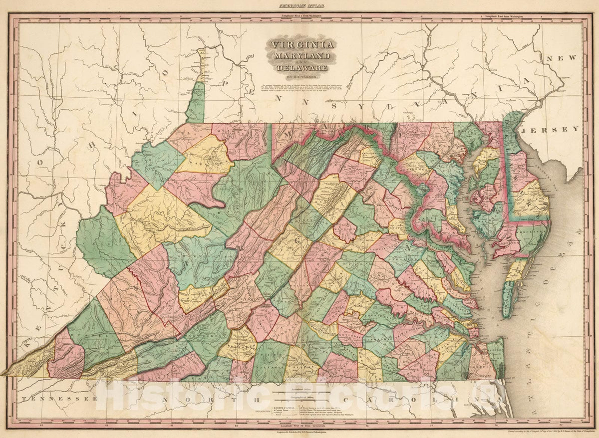 Historic Map : Virginia, Maryland and Delaware., 1824, Vintage Wall Art