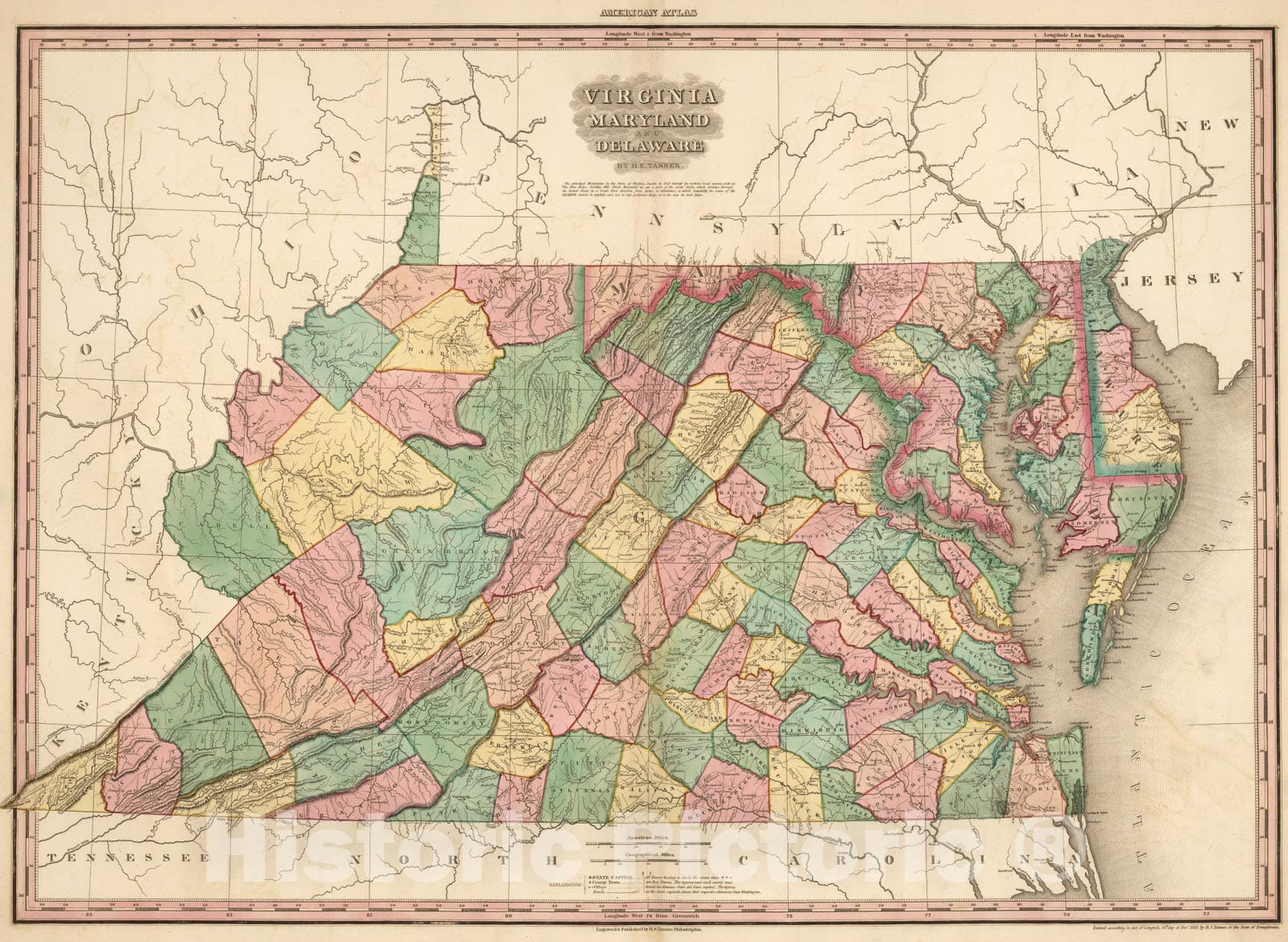 Historic Map : Virginia, Maryland and Delaware., 1824, Vintage Wall Art
