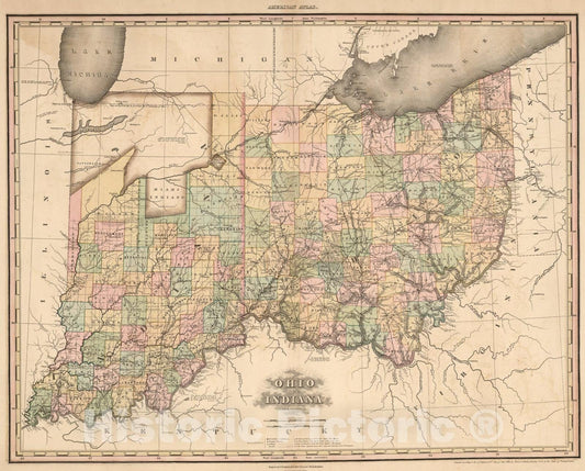 Historic Map : Ohio and Indiana., 1825, Vintage Wall Art