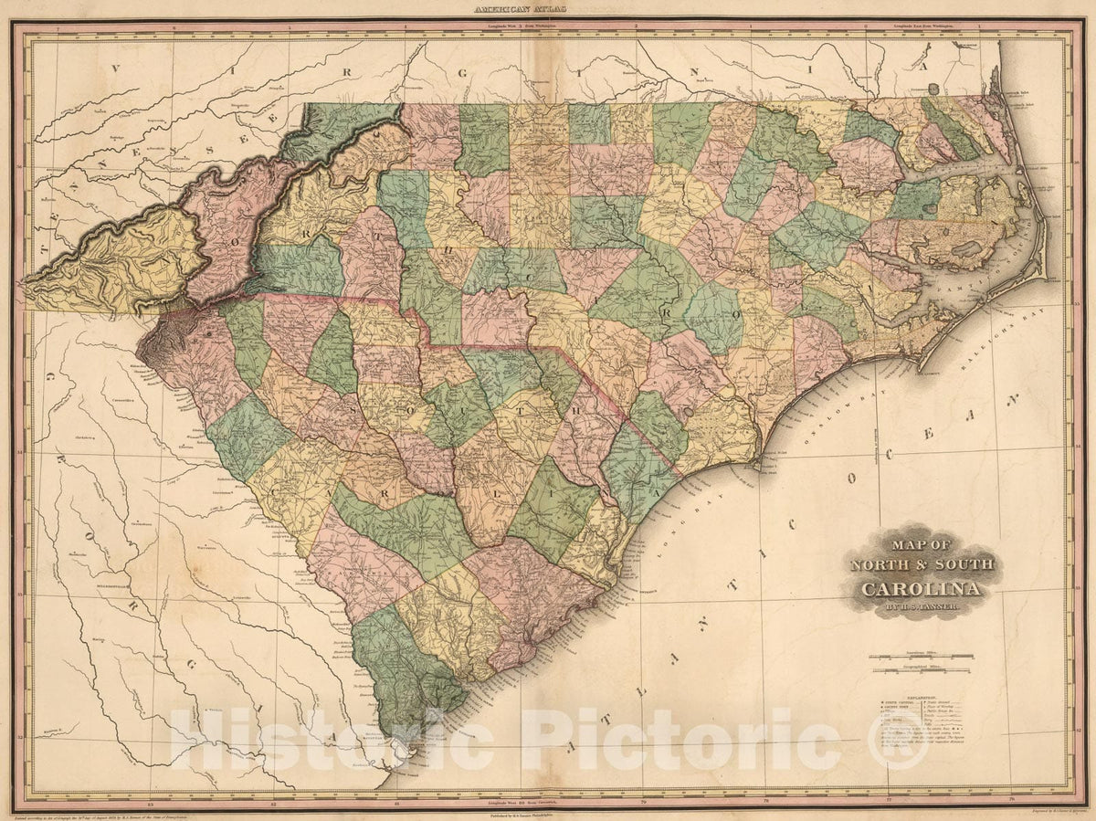 Historic Map : Map of North & South Carolina., 1824, Vintage Wall Art