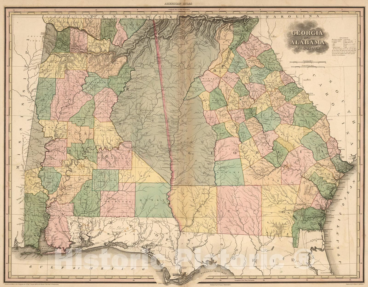 Historic Map : Georgia and Alabama., 1824, Vintage Wall Art