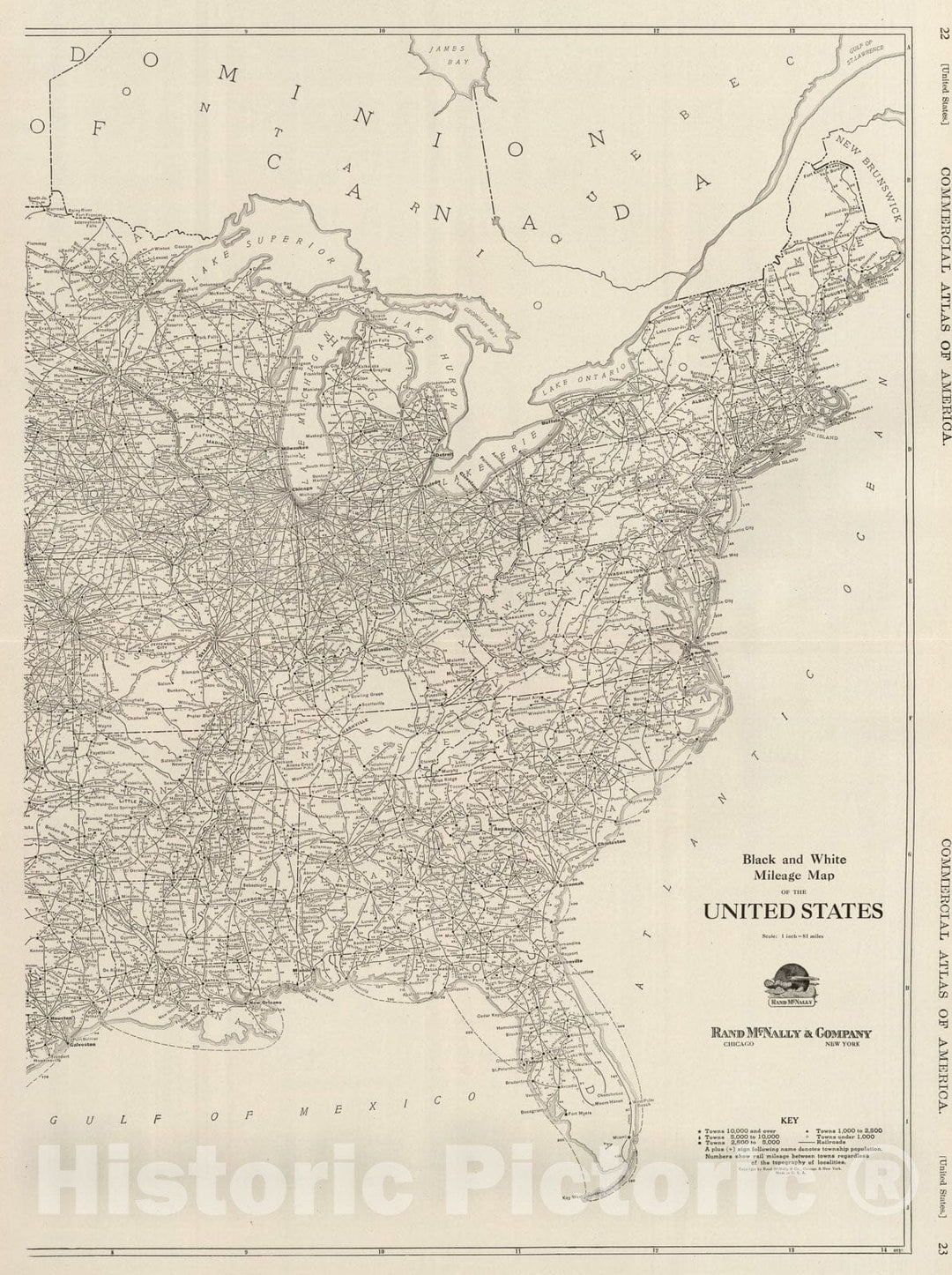 Historic Map : Black and White Mileage Map of the United States (eastern half)., 1924, Vintage Wall Art