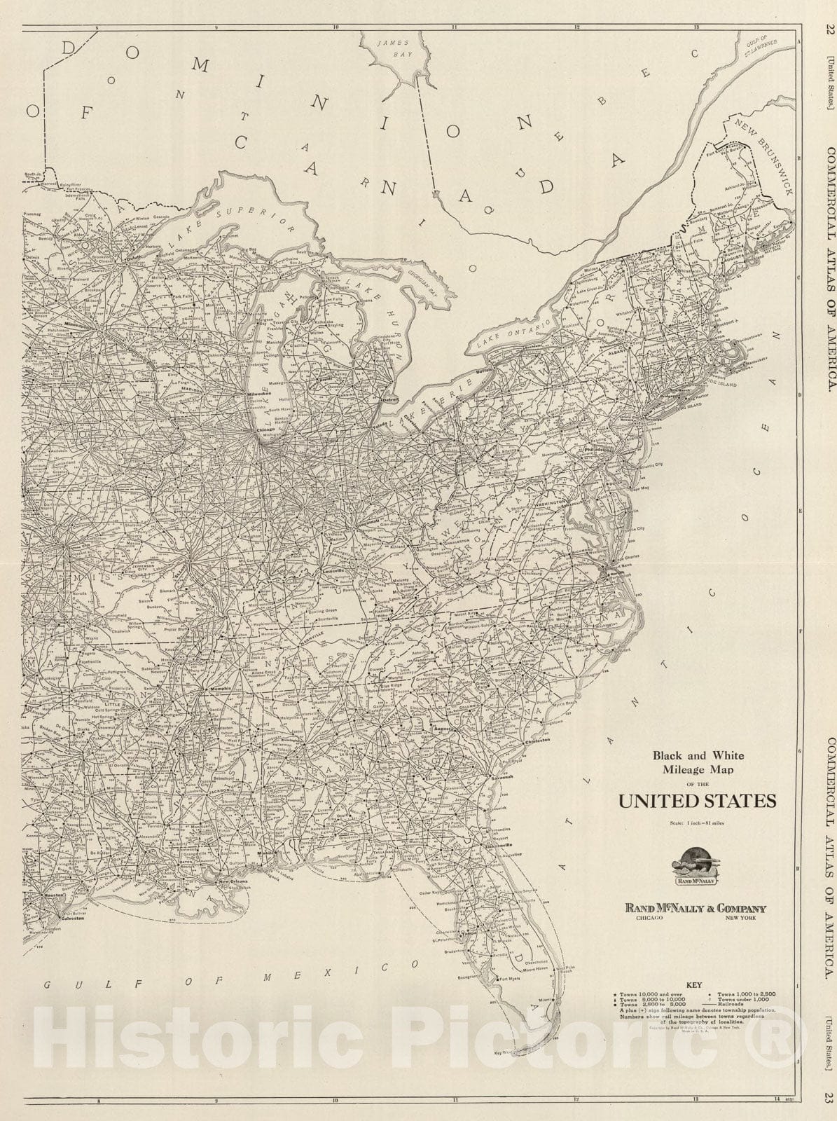 Historic Map : Black and White Mileage Map of the United States (eastern half)., 1924, Vintage Wall Art