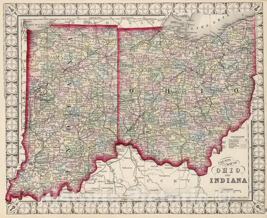 Historic Map : County Map of Ohio and Indiana., 1874, Vintage Wall Art