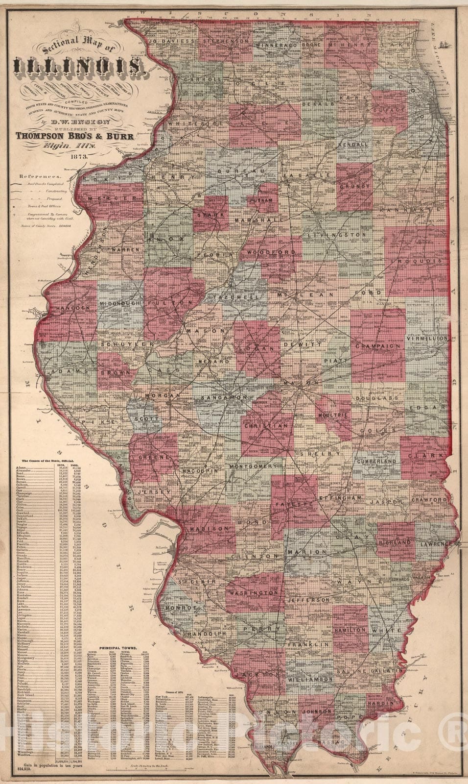 Historic Map : Sectional Map of Illinois., 1873, Vintage Wall Art