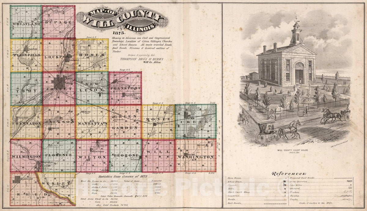 Historic Map : Will County, Illinois, 1873. View: Will County Court House. (Legend)., 1873, Vintage Wall Art