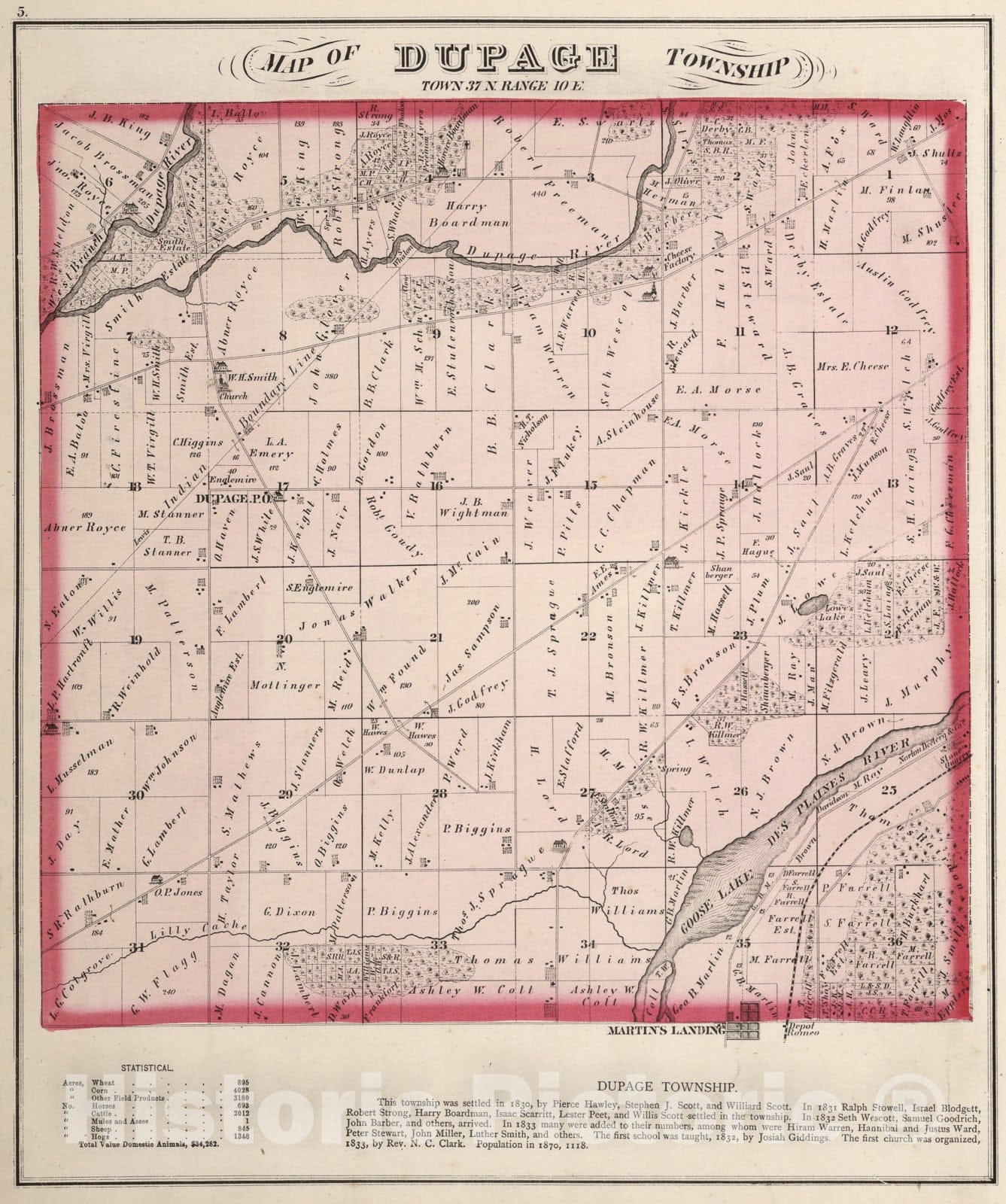 Historic Map : Dupage Township, Town thirty-seven N. Range ten E., Will County, Illinois., 1873, Vintage Wall Art