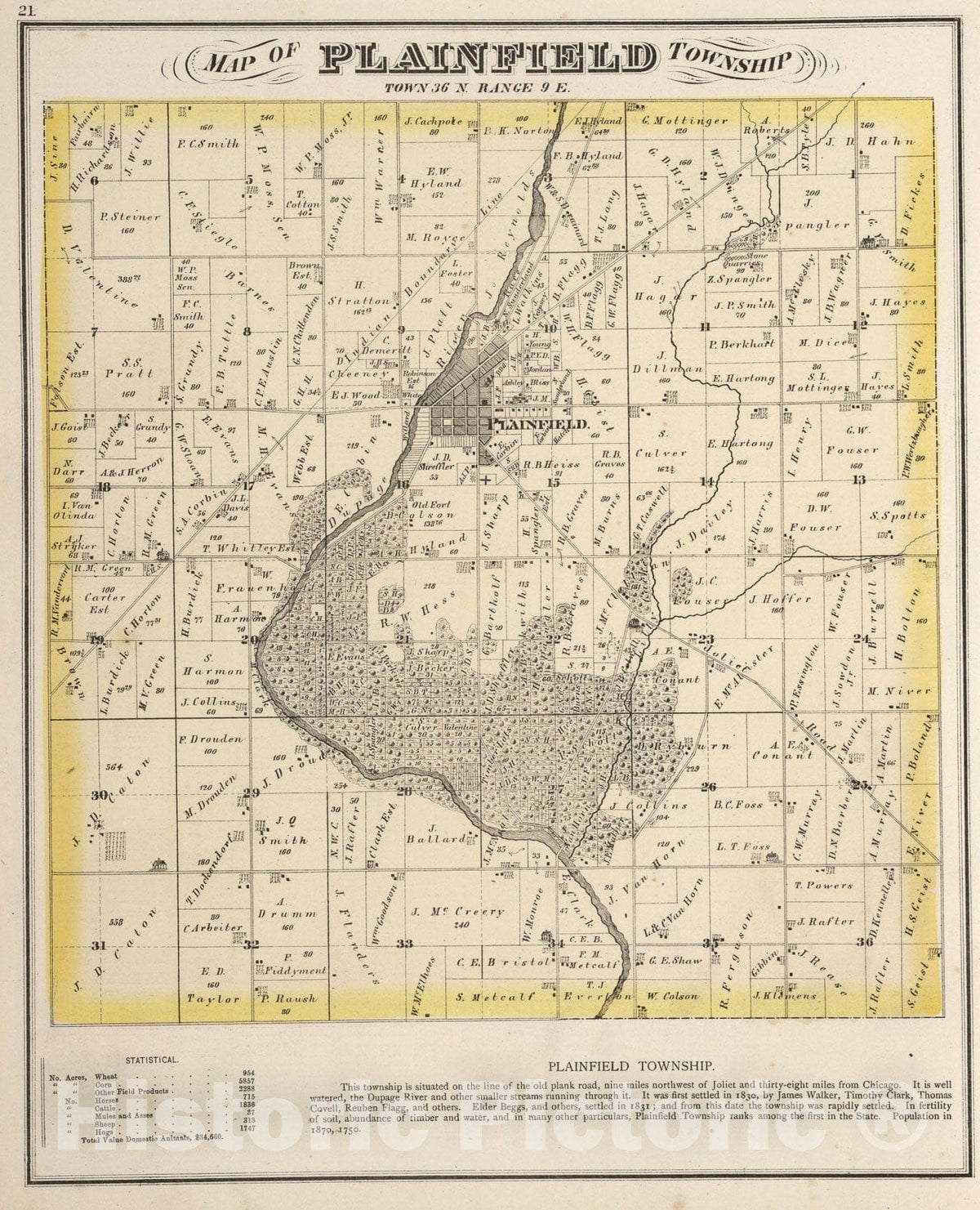Plainfield Township, Will County, Illinois - Property Map, 1873 - Historical Map Print