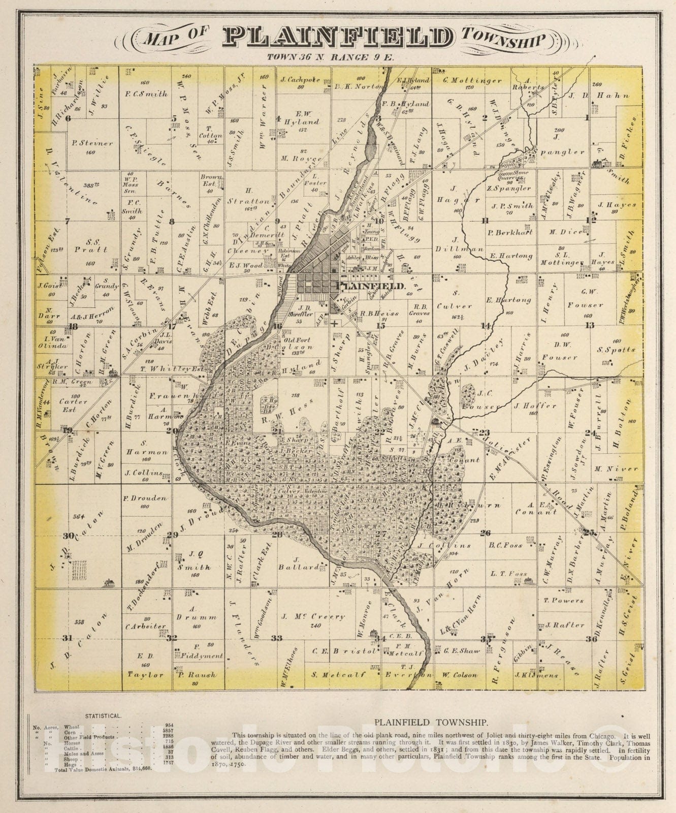 Historic Map : Plainfield Township, Town. thirty-six N. Range nine E., Will County, Illinois., 1873, Vintage Wall Art