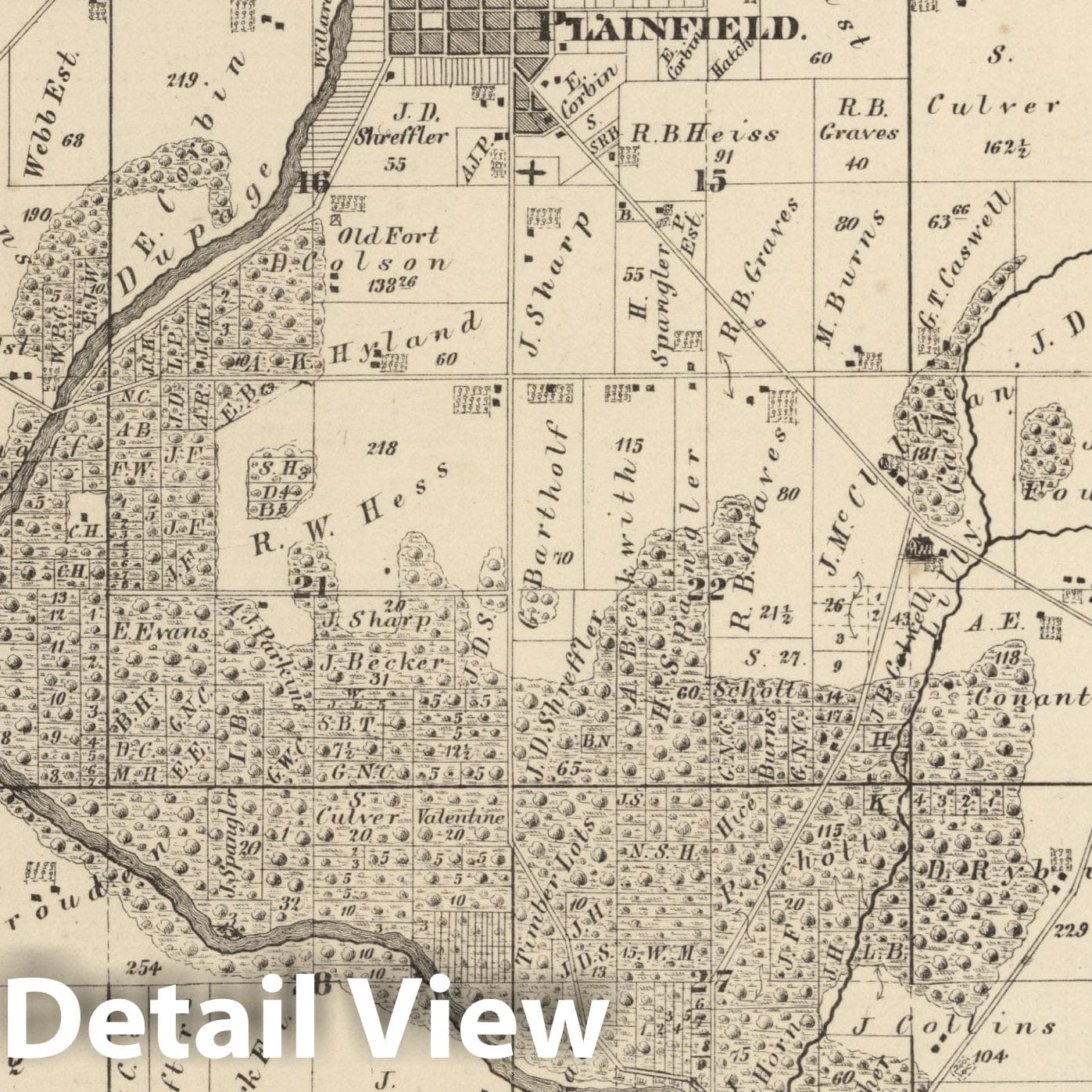 Historic Map : Plainfield Township, Town. thirty-six N. Range nine E., Will County, Illinois., 1873, Vintage Wall Art