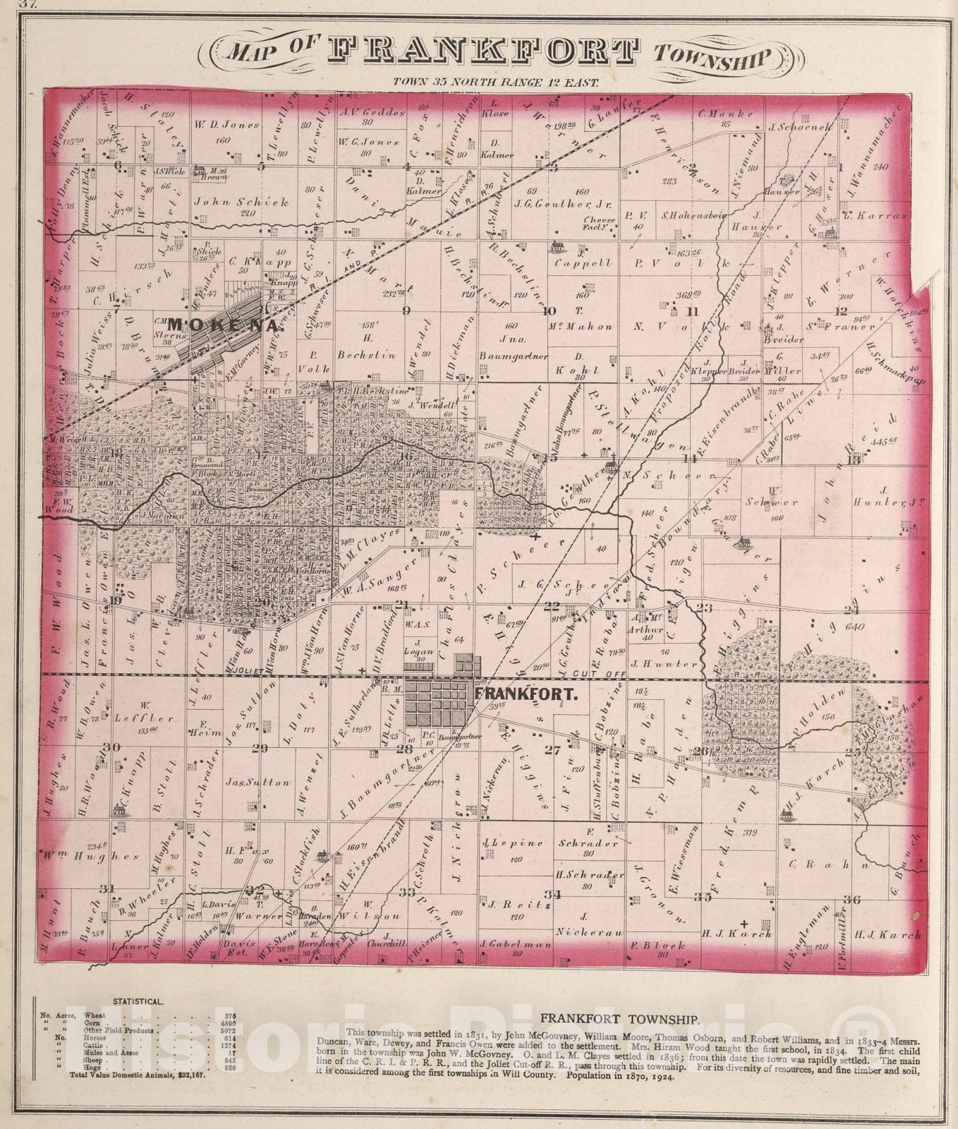 Historic Map : Frankfort Township, Town thirty-five North Range twelve East, Will County, Illinois., 1873, Vintage Wall Art