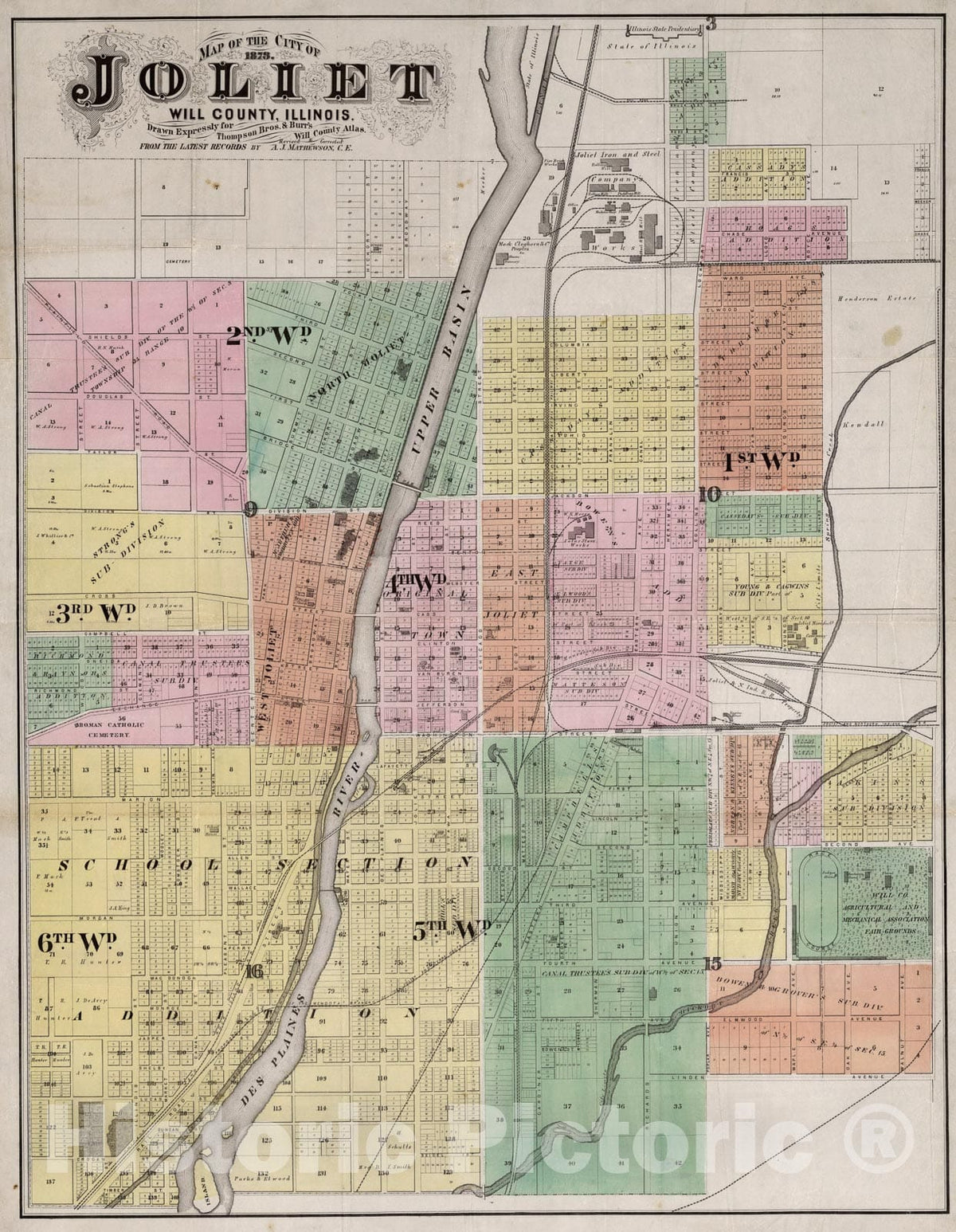 Historic Map : Joliet, Will County, Illinois., 1873, Vintage Wall Art