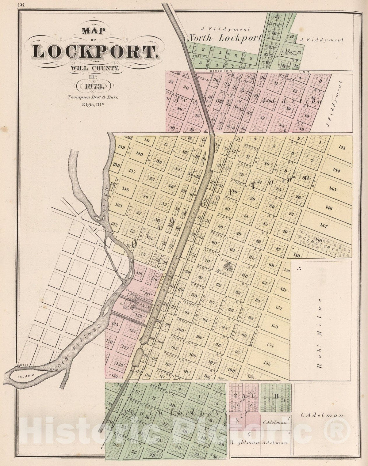 Historic Map : Lockport, Will County, Illinois., 1873, Vintage Wall Art