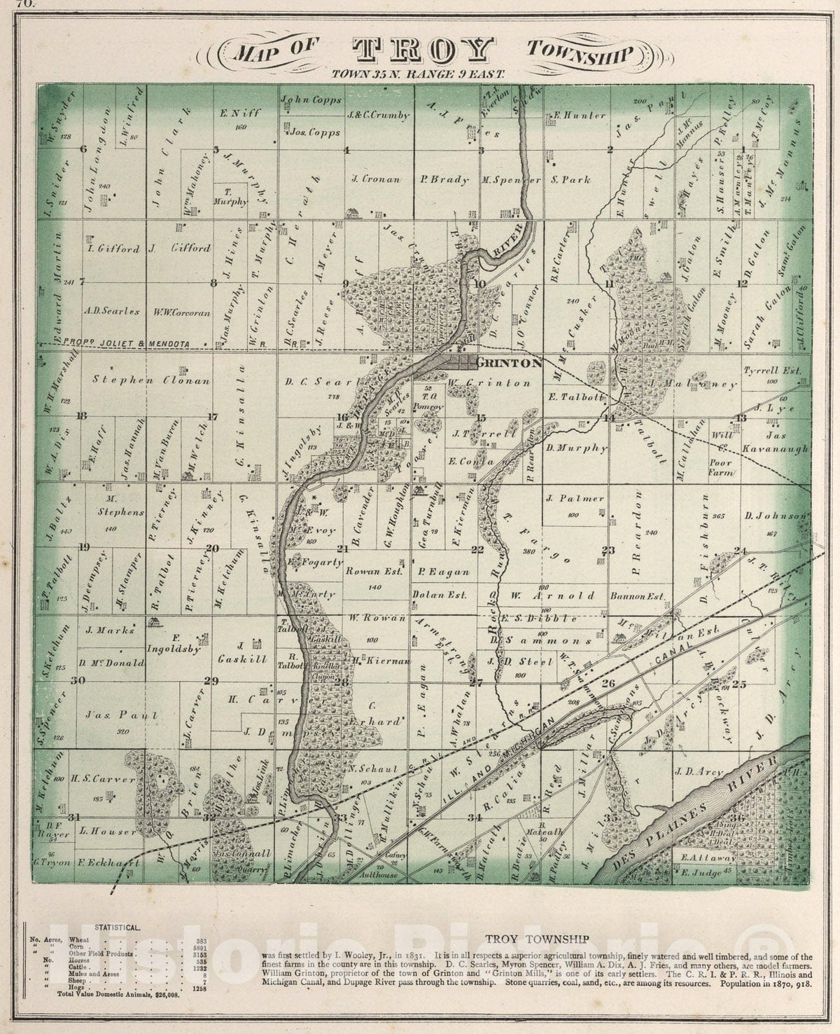 Historic Map : Troy Township, Town thirty-five N. Range nine East, Will County, Illinois., 1873, Vintage Wall Art