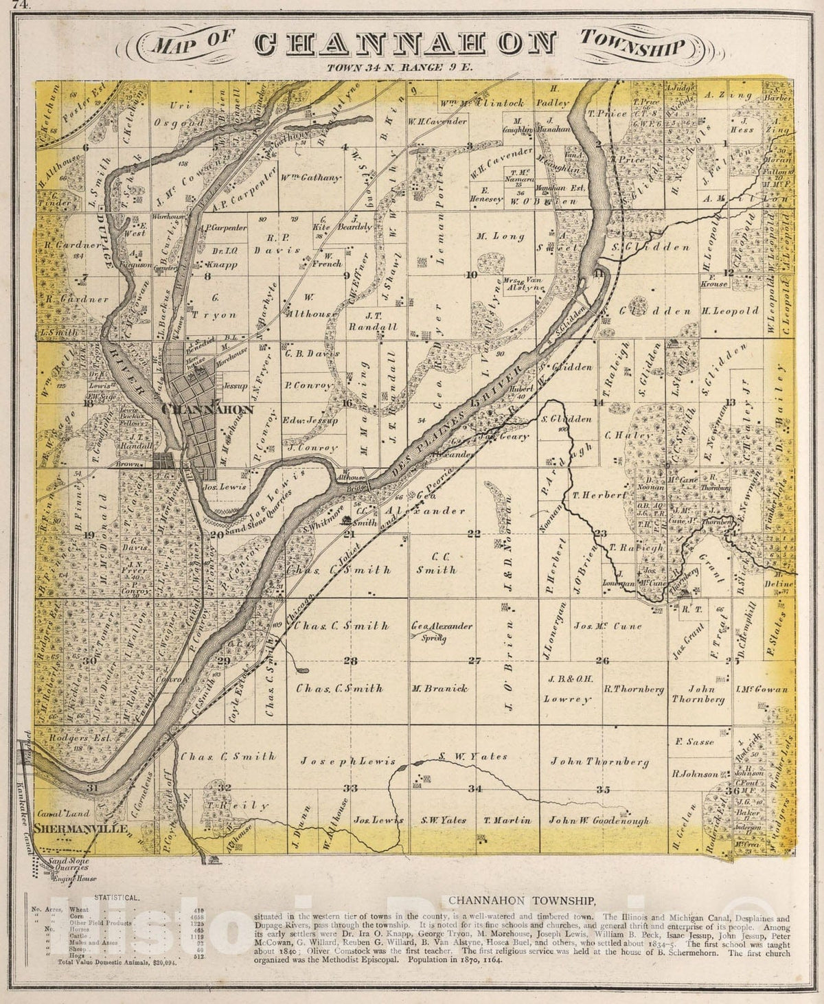 Historic Map : Channahon Township, Town thirty-four T. Range nine E., Will County, Illinois., 1873, Vintage Wall Art
