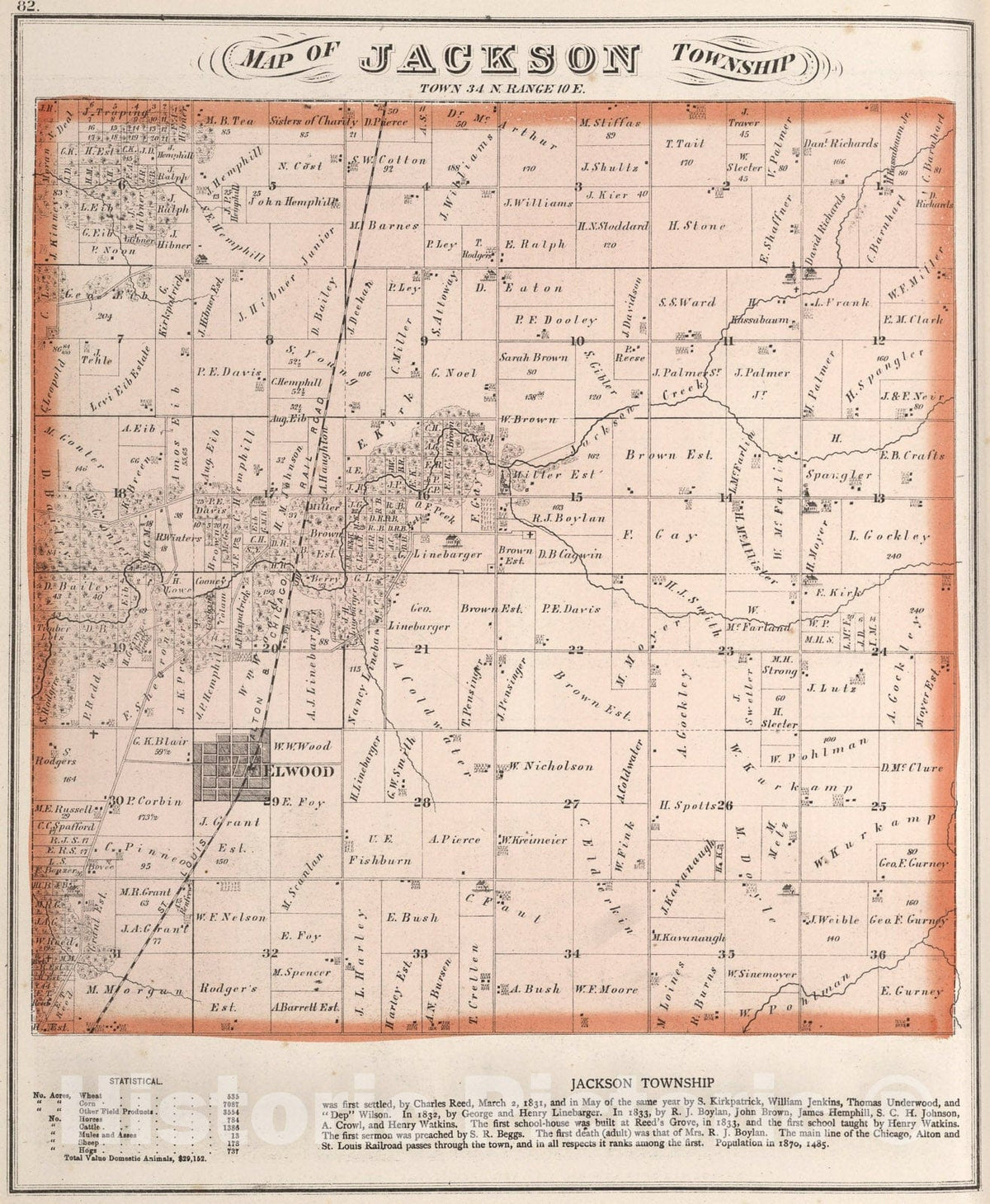Historic Map : Jackson Township, Town thirty-four N. Range ten E., Will County, Illinois., 1873, Vintage Wall Art