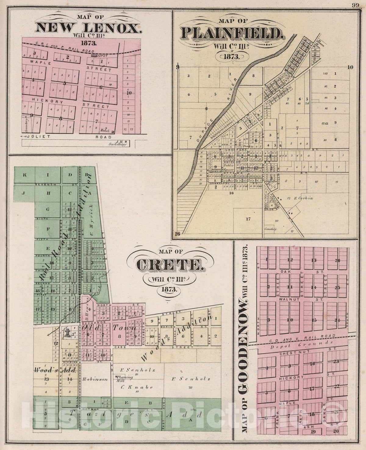 Historic Map : New Lenox. Map of Plainfield. Map of Crete. Map of Goodenow, Will County, Illinois., 1873, Vintage Wall Art