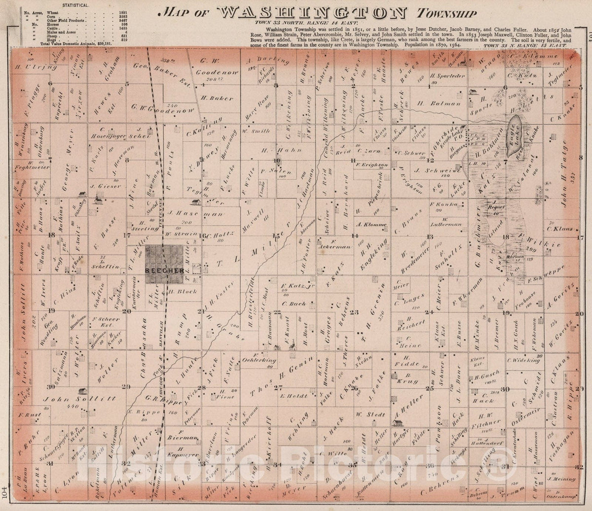 Historic Map : Washington Township, Town thirty-three North, Range fourteen East, Will County, Illinois., 1873, Vintage Wall Art