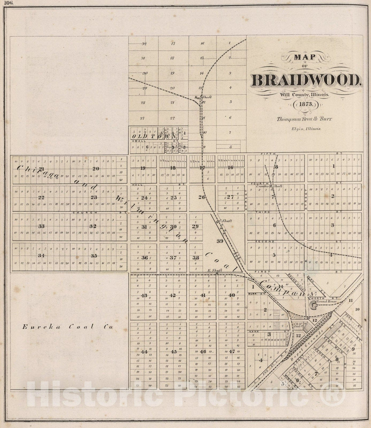 Historic Map : Braidwood, Will County, Illinois., 1873, Vintage Wall Art