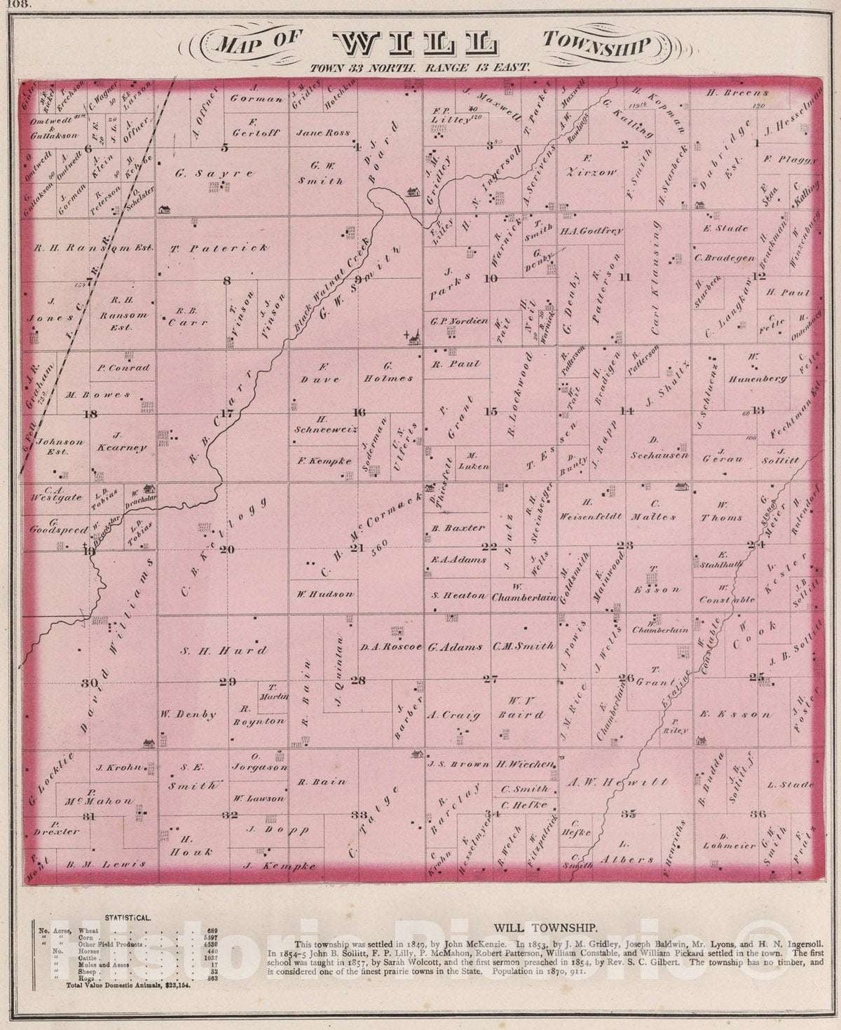 Historic Map : Will Township, Town thirty-three North, Range thirteen East, Will County, Illinois., 1873, Vintage Wall Art