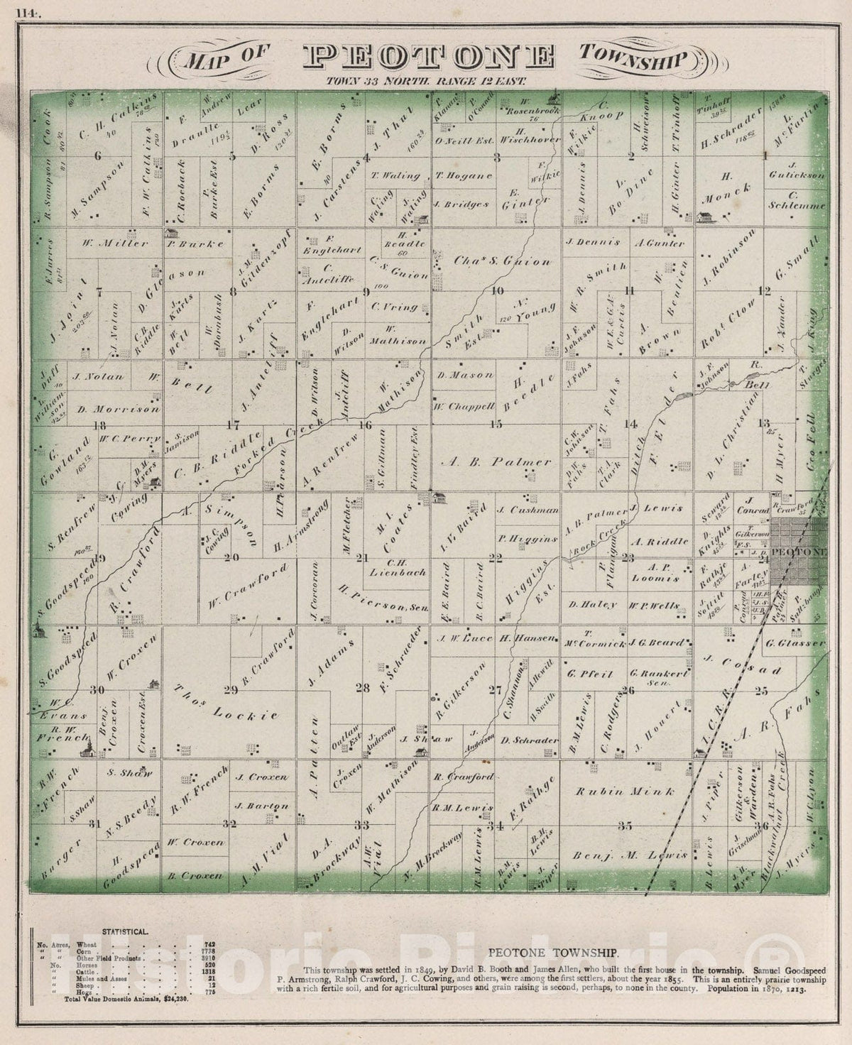 Historic Map : Peotone Township, Town thirty-three North, Range twelve East, Will County, Illinois., 1873, Vintage Wall Art
