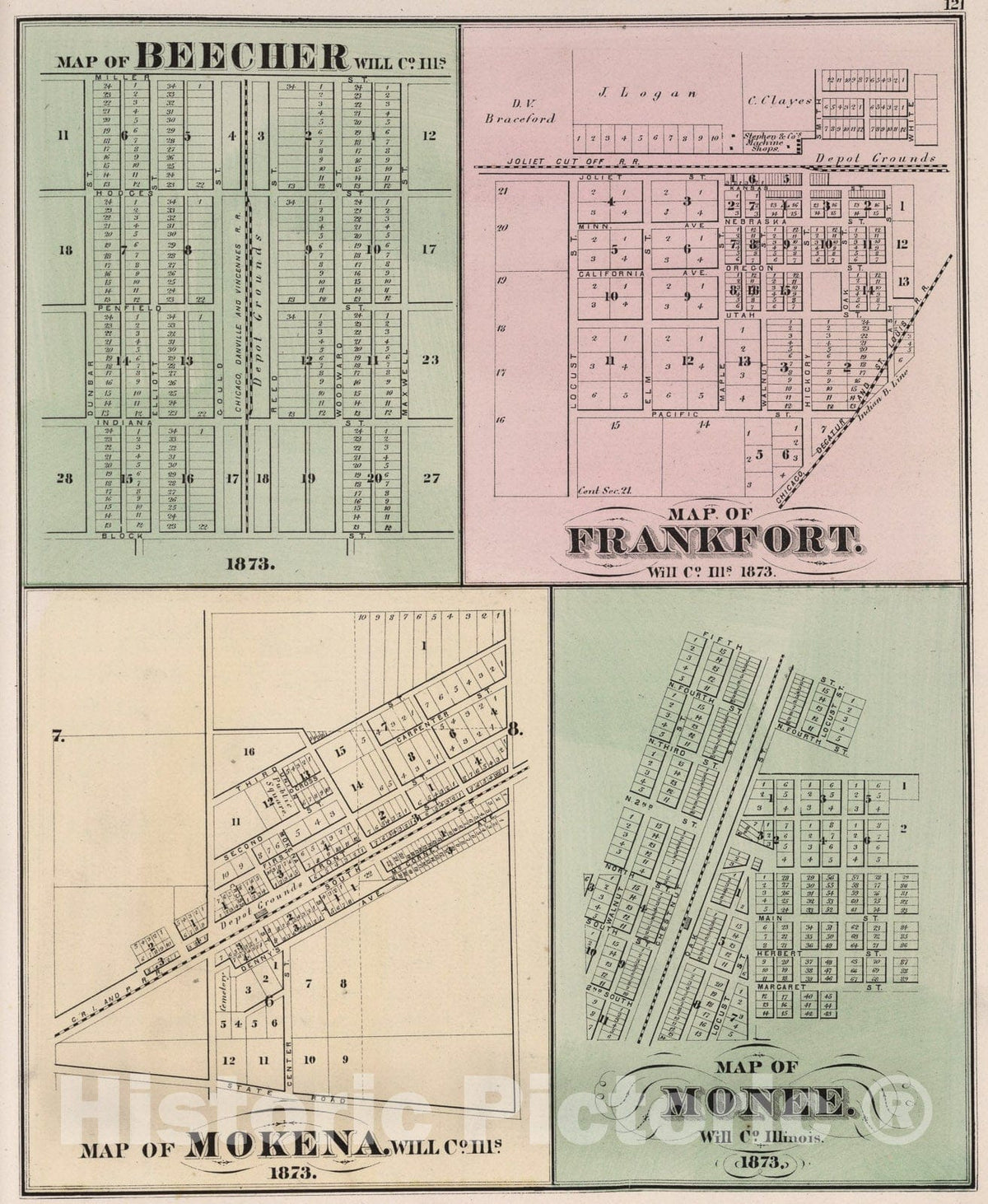 Historic Map : Beecher. Frankfort. Mokena. Monee, Illinois., 1873, Vintage Wall Art