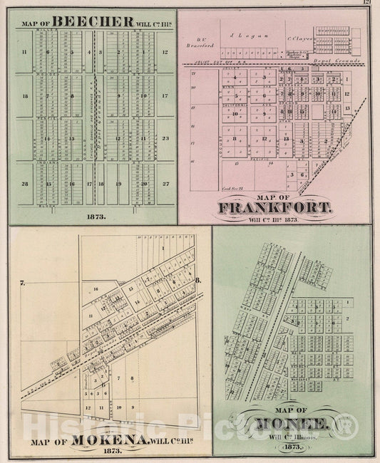 Historic Map : Beecher. Frankfort. Mokena. Monee, Illinois., 1873, Vintage Wall Art