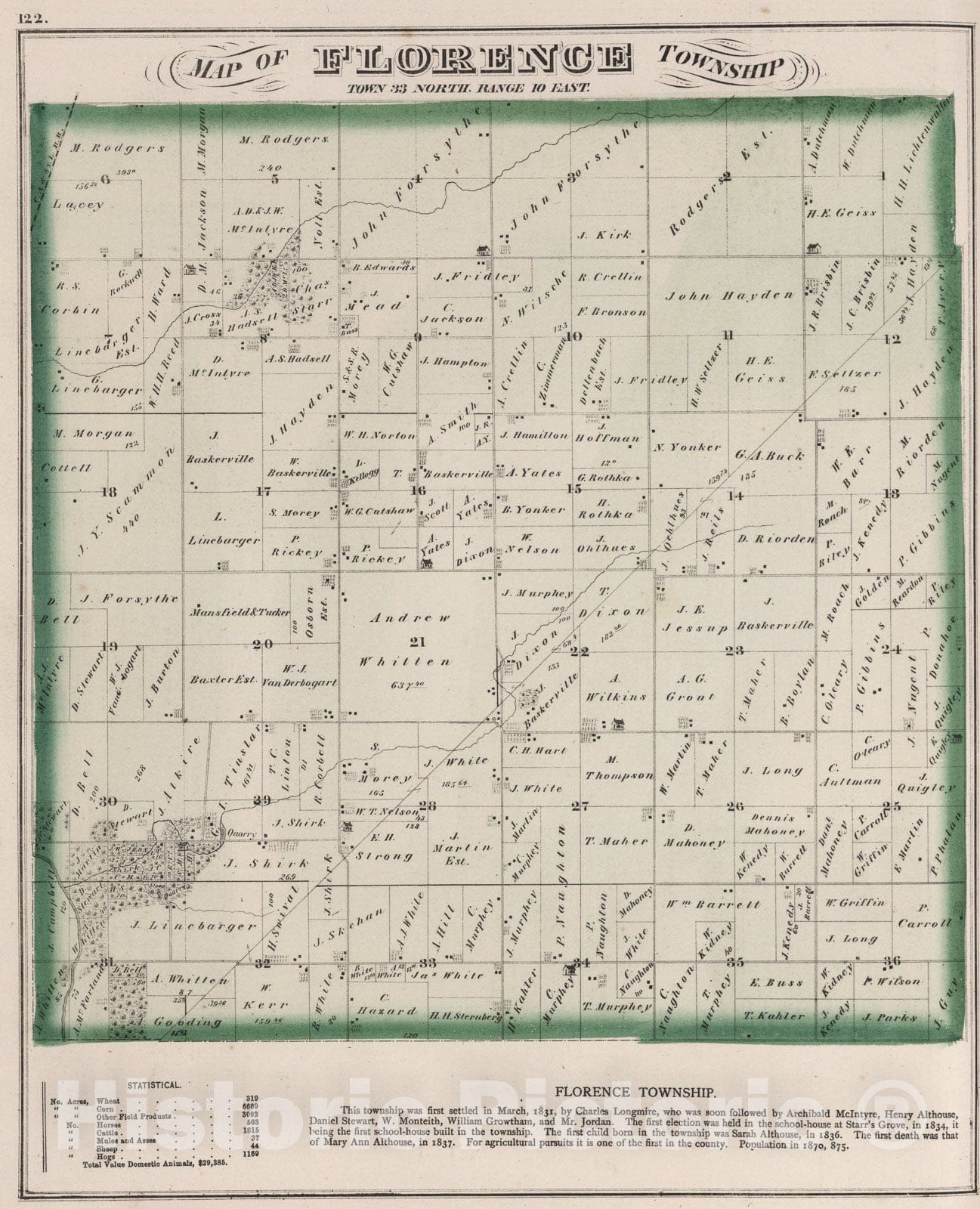 Historic Map : Florence Township, Town thirty-three North. Range ten East, Will County, Illinois., 1873, Vintage Wall Art